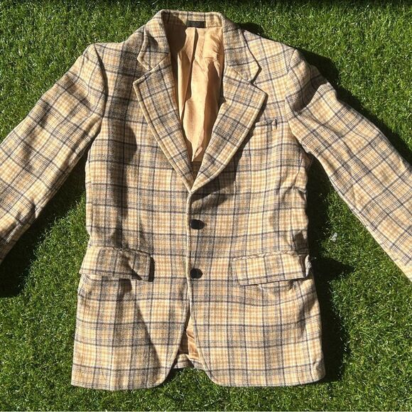 Vintage 70s 80s Beige Coat Wool Mix Plaid Shoulder Pad Blazer Women's Small - Picture 1 of 7